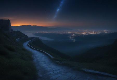 At night in the foreground is an intricate stone path curving downwards down a mountain towards the large coastal city in the background. Green shimmering fireflies sparsely line the path towards the city in the background that is built from white stone, with organic, flowing architecture illuminated by soft silver night light from the high rooftops. Crystals throughout the city emanate a gentle white glow, while heavy shadows darken the streets which are sparsely lit. The night sky is dark with an orange-toned atmosphere (red, orange, white, soft blues), violent solar storm above, arcs of space lightning crackling through the charged atmospheric haze, in the sky: a massive celestial body looms with smaller celestial bodies orbiting it, feeding off the glowing gases of a nearby nebula, tendrils of cosmic gases stretching between them, surreal space sky filled with stars and interstellar dusts suggesting this is an alien world. The streets are empty, adding to the serene, mystical atmosphere. The wonderfully constructed buildings spire in a grandiose show of power. It's part castle part city.
(masterpiece, cinematic composition, moody lighting, soft glow, epic fantasy setting, volumetric light, hyper-detailed environment, intricate textures, dramatic shadows, ultra-sharp focus, depth of field, stunning visual aesthetics, highly immersive scene,  cinematic sci-fi concept art, illustrated by Raphael Lacoste and Syd Mead).