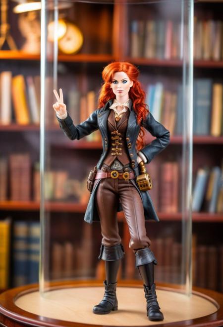 realistic action figure of a redhead girl in steampunk attire, hand on hip, peace sign, on a table, inside a glass case, bookcase in the background, high depth of field, bokeh,