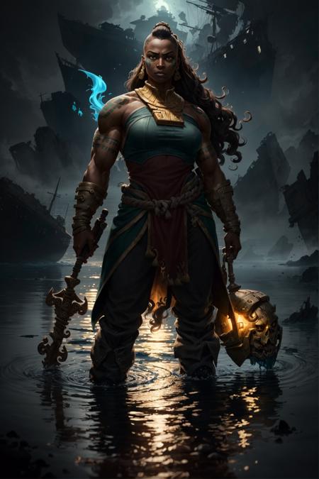 illaoi, 1girl, dark skin, long hair, muscular, solo, standing, detailed face, ultra detailed eyes, looking at viewer, cowboy shot, upper body, standing on liquid, shipwreck, (masterpiece:1.2, best quality)