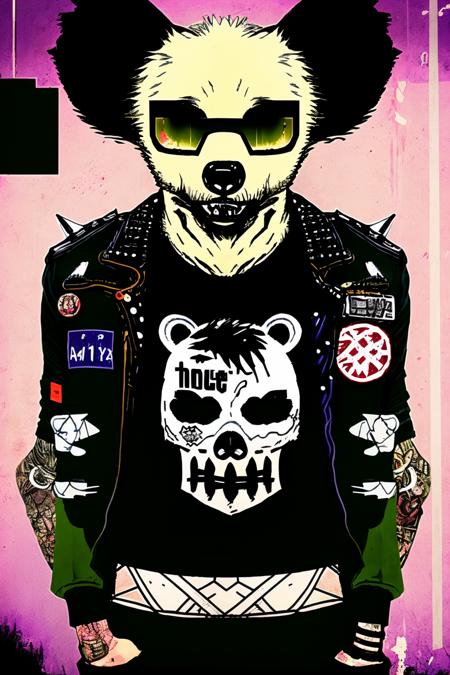 A punk-inspired bear with a leather jacket adorned with studs and patches, stands atop a graffiti-covered subway car, striking a pose that embodies the defiant spirit of punk subculture:1.5, punk-inspired bear:1.2, leather jacket:1.2, studs and patches:1.1, graffiti-covered subway car:1.1, defiant spirit:1.1, punk subculture:1.1. , anipunks