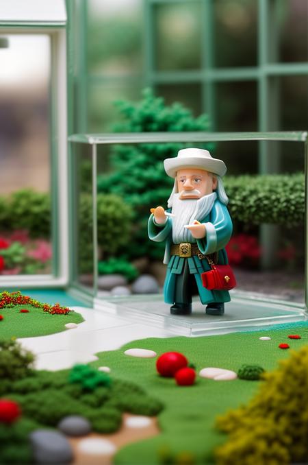(tilt-shift:1.4) photo of an old wizard, in glass house, selective focus, miniature effect, blurred background, highly detailed, vibrant, perspective control