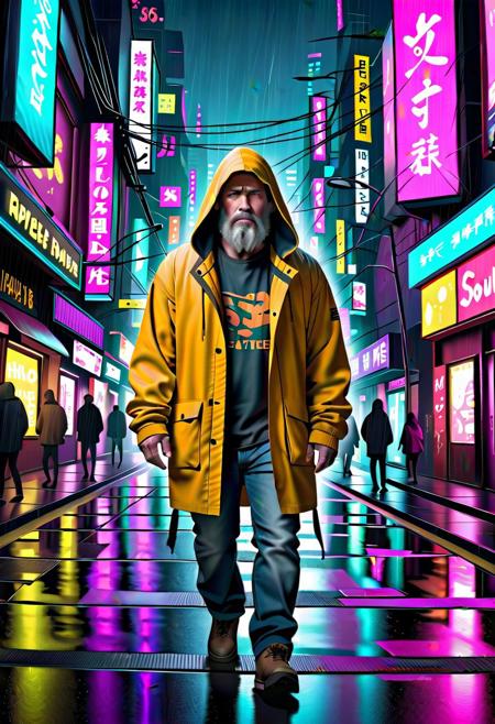 A hyper-realistic image of a weary, middle-aged man with a grizzled beard, shrouded in a tattered hoodie, wandering through a desolate cyberpunk street lined with flickering neon advertisements. His tired eyes catch the distorted reflections of digital ghosts in the rain-slick pavement, holographic projections of luxury and excess shimmering against his threadbare clothes. Above him, colossal billboards beam looping corporate slogans, promising a future he will never afford. The air is thick with the scent of ozone and damp concrete, the electric hum of distant drones blending with the rhythmic patter of rain. He walks onward, a forgotten soul in a world drowning in synthetic light.
