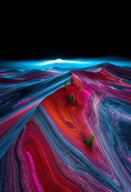 JNANX,luminous white silhouette,cyan glow,emerald highlights,flickering outline,dreamlike movement,rippling colors,drifting embers,infinite black background,psychedelic colors,ethereal,futuristic surrealism,gw,glowing,night,night sky,trippy,
"A breathtaking aerial view of the Painted Dunes in Lassen Volcanic National Park, USA. The rolling hills display a surreal palette of vibrant reds, oranges, pinks, and purples swirled with darker grays and blacks. Small green pine trees are scattered across the undulating landscape, adding pops of contrasting color and a sense of scale. Capture the intricate patterns and textures of the mineral-rich soil, emphasizing the otherworldly beauty of this volcanic terrain under a bright daylight.