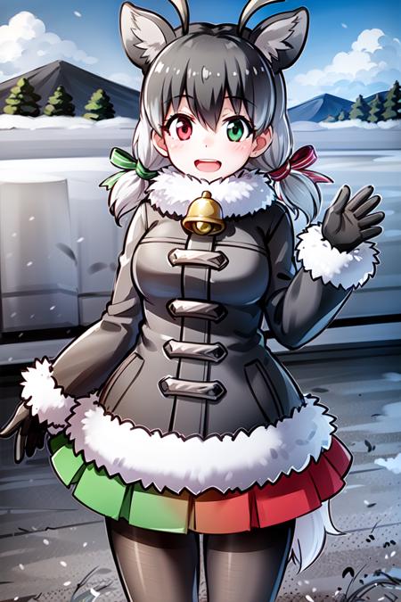 <lora:ReindeerKemonofriends_Tonakai (1):0.7>,TONAKAI,
1girl,solo,masterpiece, best quality, high quality,delicate facial features,,mishoujo,hyper_detail,game cg, finely detailed beautiful eyes and detailed face,lustrous skin,colorful
TONAKAI, Reindeer_(kemono_friends), reindeer antlers, heterochromia, deer ears, deer horn, twintails, green eye, red eye, multicolored hair, white hair, grey hair, hair between eyes, deer tail, short hair, short twintails,
Gray_pantyhose, neck bell, pleated skirt, gloves, winter coat, boots, fur trim, fur collar, ribbon, long sleeves, (collar_skirt:1.2),green skirt, red skirt, gray coat
(looking at viewer:1.3),(standing:1.3),(cowboy_shot:1.3), blush, smile,open mouth
(Field:1.3),mountain,blue sky,cloud, snow, snowflakes