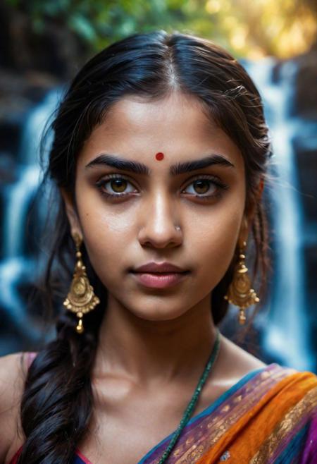 Indian girl portrait, masterpiece, best quality, intricate detail, intricate background detail, 1girl, full hair, bright pupils, thick eyebrows, thick lips, face the camera, full profile, standing near water fall
Color grading: Color grading involves manipulating the colors in an image to create a specific mood or atmosphere. It allows for adjustments in contrast, saturation, and color tones to achieve a desired visual aesthetic.
