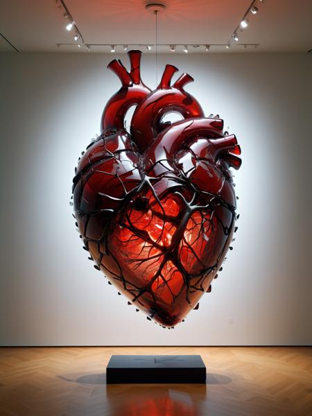 A thought-provoking sculpture of a human heart made from ais-bkglass, suspended in the center of a dimly lit, minimalist art gallery, evoking the fragility of emotions. <lora:Broken_Glass_Style_SDXL:1>