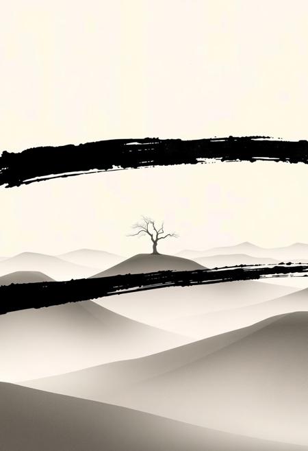 A minimal, dreamlike terrain stretches beneath a washed-out sky. Mist lingers over a sequence of low, rounded mountain forms, rendered with soft shading and near-monochromatic tones. The landscape is empty but for a single, skeletal tree perched on a gentle rise—its outline crisp and isolated. Into this calm steps disruption: wide, black brushstrokes, as if torn from a different reality, bisect the scene with urgent, chaotic energy. The strokes appear angry, deliberate, like ink scars across the canvas. They curve and intersect unpredictably, ignoring the natural contours of the scene. The juxtaposition between the meditative setting and these aggressive marks creates visual tension and emotional unease. The atmosphere is hushed, yet vibrating with unseen conflict. The lighting is diffuse and indirect, casting no hard shadows, allowing the ink strokes to command visual dominance. This is a landscape of silence and rupture, where emotional intensity overrides physical serenity.