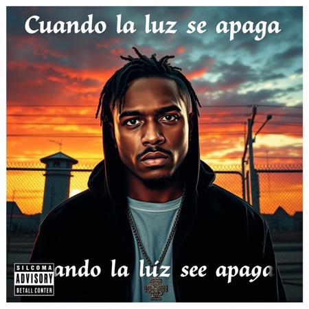 rock album cover for a melancholic rock about prison life, prison yard, dramatic sunset, view from below, rapper looking determined, album title "Cuando la luz se apaga"