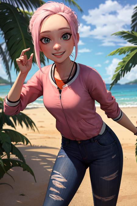 ((masterpiece,best quality)), absurdres,
<lora:Brooklynn_Jurassic_Park:0.5>, Brooklynn_Jurassic_Park,  
solo, smiling, looking at viewer, cowboy shot, 
tropical background, cinematic composition, dynamic pose,