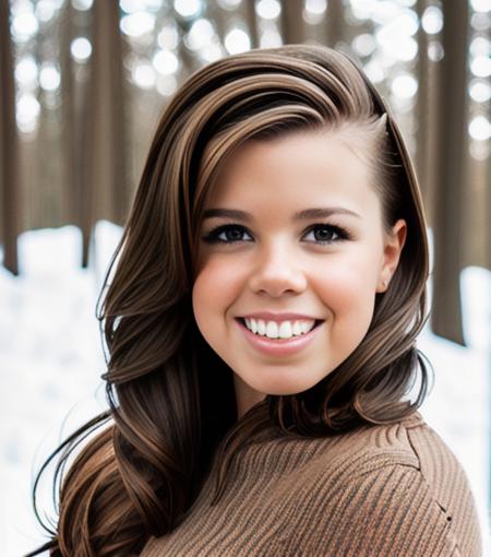 Photo of D3stinyM00dy a woman posing outdoors, orange sweater, pyramid covered in snow in background, long black hair, smiling, detailed face, (beautiful, gorgeous, pretty), (best quality, photo-realistic, highly detailed, absurdres:1.2), best lighting, hyper-realistic, sharp focus, 32k resolution, RAW,