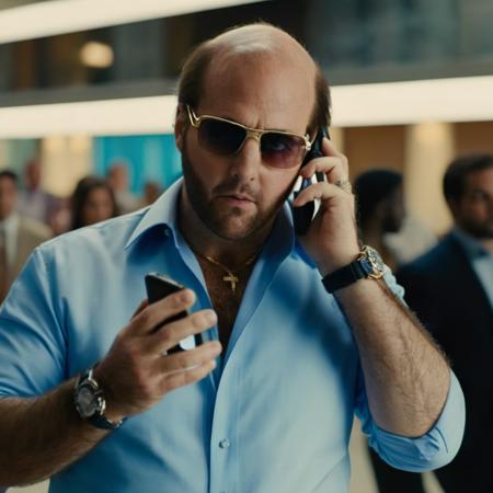 cinematic film still of  <lora:Les Grossman:1.2>
Les Grossman a man in a blue shirt is talking on a cell phone, shallow depth of field, vignette, highly detailed, high budget, bokeh, cinemascope, moody, epic, gorgeous, film grain, grainy