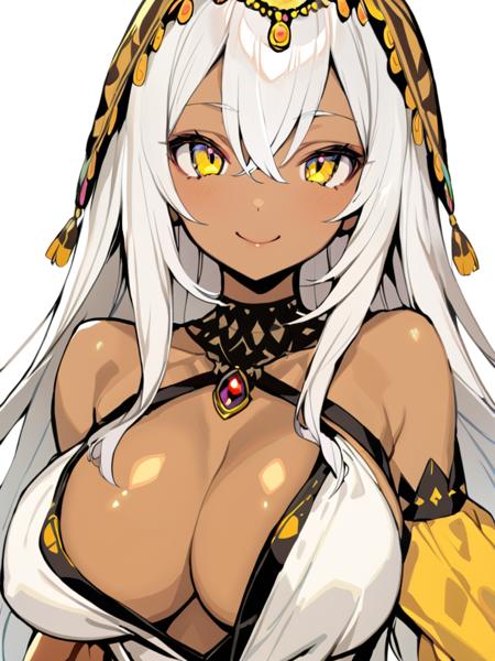 <lora:XL_dohna dohna style-000008:1>,dohna dohna style,1girl, breasts, solo, yellow eyes, long hair, dark-skinned female, dark skin, large breasts, cleavage, dress, jewelry, looking at viewer, white background, smile, white dress, white hair, bare shoulders, detached sleeves, simple background, necklace, upper body, masterpiece, best quality,