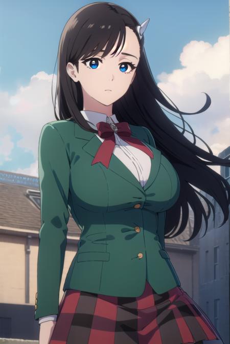 noelniihashi, <lora:noel niihashi anime-lora-nochekaiser:1>,
noel niihashi long hair, blue eyes, black hair, hair ornament, hairclip, (large breast:1.2),
BREAK skirt, shirt, long sleeves, bow, school uniform, jacket, white shirt, pleated skirt, collared shirt, bowtie, red bow, plaid, capelet, blazer, green skirt, green jacket,
BREAK outdoors, city, sun, sky, clouds,
BREAK looking at viewer, (cowboy shot:1.5),
BREAK <lyco:GoodHands-beta2:1>, (masterpiece:1.2), best quality, high resolution, unity 8k wallpaper, (illustration:0.8), (beautiful detailed eyes:1.6), extremely detailed face, perfect lighting, extremely detailed CG, (perfect hands, perfect anatomy),