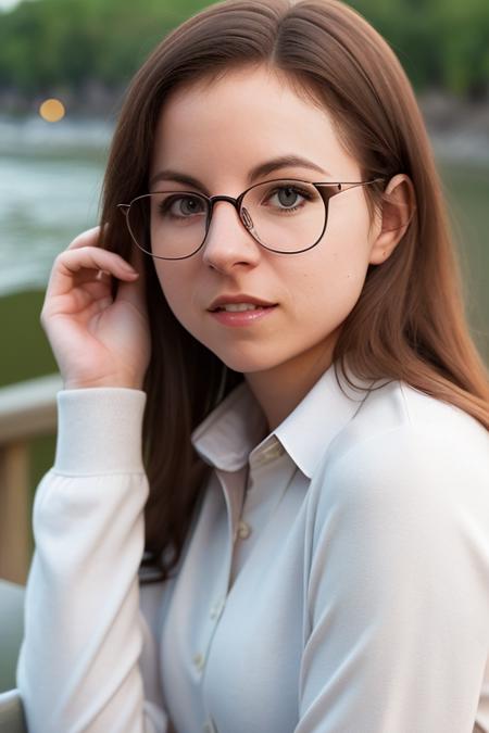 a photo of AM088_Altea_B, 25 years old woman in (thick frame glasses) weared (long-sleeve shirt:1.2) walking along the riverbank in the city, pretty face, close up, sharp focus, (intricate details:0.9), (hdr, hyperdetailed:1.2), (natural skin texture, hyperrealism, soft light, sharp)