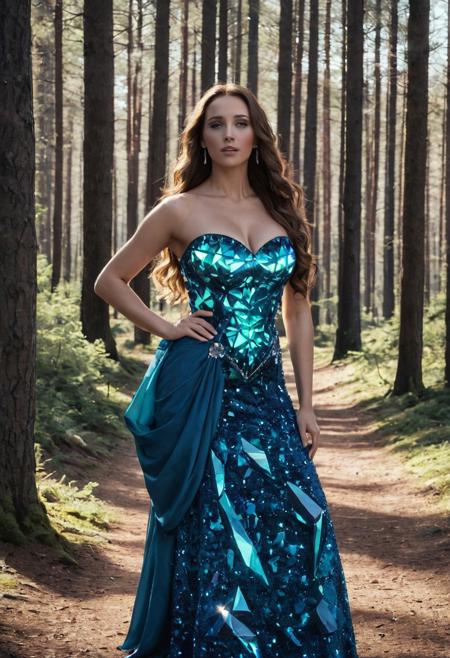 (score_9, score_8_up, (((realism, photograph), (photorealistic), realistic)), intricate detail), (soft lighting, sunset lighting), (beautiful woman, sexy woman, young woman, 20 years old, Celtic woman, (slender woman:1.7)), (detailed face:1.2), (smooth hair, long hair, brunette hair:1.8), ((cobalt blue, crystalline dress:1.1), (sleeveless, bare arms, strapless)), (cleavage:1.6), walking in a forest, 8k uhd, dslr, high quality, film grain, Fujifilm XT3