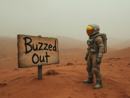 Astronaut in Mars desert and a sign saying "Buzzed Out", cinematic landscape with fog, astronaut looking to the distance