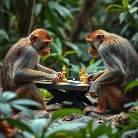 two monkeys playng chess in the jungle on a realistic 8x8 chess table with few pieces