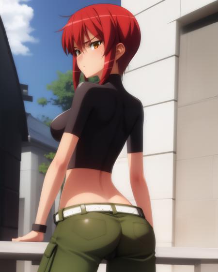 <lyco:r16-Riza-NAI-LyCORIS:0.9>
1girl, solo, riza wildman, from behind, looking back, cropped shirt, green pants, belt, sideboob, firm and perky tomboy butt