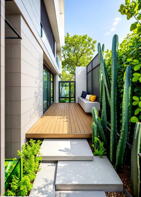 <lora:ç°ä»£åº­é¢-å°éé¸:1>,This image depicts a modern alleyway garden between two buildings. On the left,there is a grey concrete building with vertical lines suggesting siding or panels. To the right,a brick structure with visible wooden elements,possibly a window frame or door,is partly obscured by tall,green cacti. In the center,a wooden deck pathway leads towards the back,flanked by green shrubs on the left and cacti on the right. The pathway ends at a cozy sitting area with modern outdoor furniture,cushions,and a throw. The sky is not visible,but natural light suggests an open-air space.,