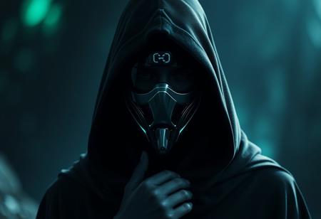 Mysterious figure wearing a dark hooded cloak and a sleek, reflective futuristic metallic bio mask. Enigmatic pose, shrouded silhouette. Blurred, surreal otherworldly background with swirling green and blue hues. Dark, atmospheric, deeply mysterious mood. Cinematic, dramatic lighting, rim light. Highly detailed matte painting, digital art, lifelike quality. 4K, sharp focus, impeccable composition, creative angle. Octane Render, Unreal Engine 5, trending on Artstation, CGSociety, Golden Ratio.