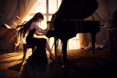 (masterpiece:1.3),(best quality:1.2),8k,absurdres,unity 8k wallpapper,(extremely detailed:1.3),highestres,
1girl,backless black dress,piano,(playing instrument:1.2),sitting,chair,(Entranced:1.3),realistic,dim light,light beam,performance,(god rays:1.1),(floating papper:1.3),music score,floating long hair,closed eyes,Black high heels,blury,<lora:classic_piano-10:0.7>,form side,