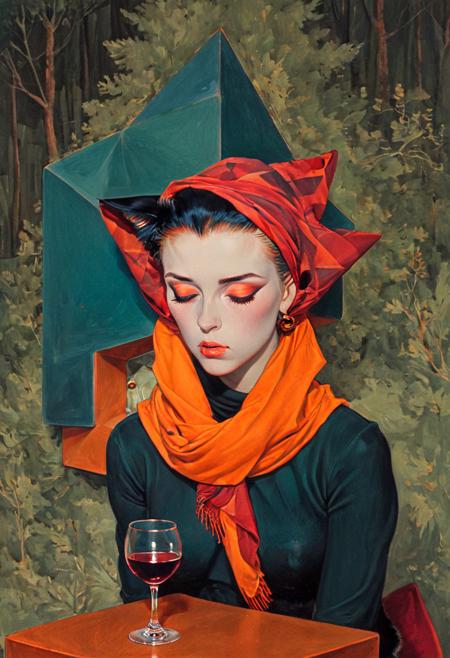 This image is a color pencil drawing in a modernist style, characterized by geometric shapes and vivid contrasts. It depicts a stylized woman wearing a bright orange scarf wrapped tightly around her head, positioned in the center of the frame. Her expression is thoughtful, her eyes closed, with sharp, angular eyebrows and lips colored in deep maroon.
To her right, a black cat curls lazily against a cube-shaped chair, blending softly into the background forms. The backdrop consists of triangular and polygonal sections in muted shades of forest green, ochre, and burnt sienna, layered dynamically. A single wine glass sits on a square table near the bottom right, its surface reflecting subtle highlights. The palette emphasizes earthy tones against occasional flashes of vivid orange and deep teal, enhancing the stylized, geometric mood. ArsMJStyle, Colored pencil hyperdetailed realism