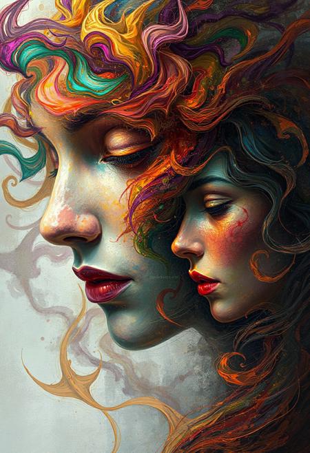 face adorned with, Dynamic digital painting with swirling, vibrant colors depicting two figures with intricate textures and vibrant colors. The scene should include a rich variety of elements, each contributing to the overall atmosphere. Lighting should be soft, diffused, and natural, enhancing the depth and realism of the scene. The mood is to be calm yet vibrant, creating a sense of serenity and wonder. Every detail in the scene should be meticulously rendered, emphasizing the contrast between light and shadow, and capturing the fine textures and subtle gradients. The color palette should be carefully chosen to evoke emotion, with each hue enhancing the aesthetic appeal of the overall composition. The final image should be immersive and captivating, drawing the viewer into its intricately detailed world.