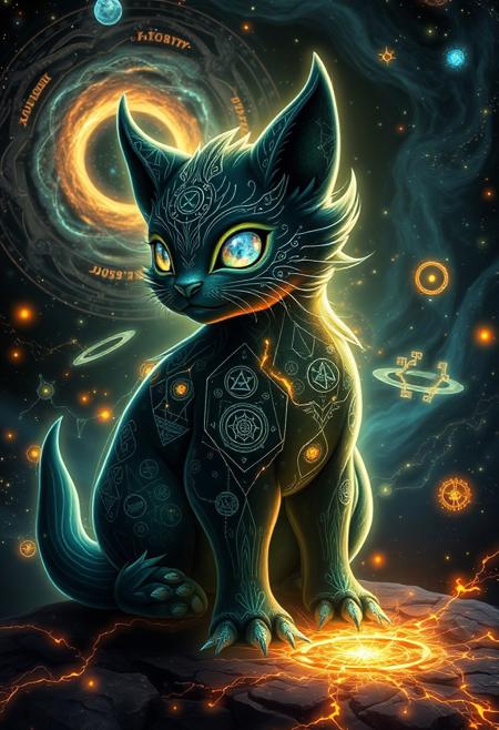 dark cosmic entity, mythological creature, stereotypically cute animal breaking the mold, intricate cosmic symbols inscribed on fur, glowing nebulae in the background, swirling galaxies, black holes, celestial storms, cosmic energy flowing through fur, bioluminescent markings, radiant starlight reflecting off body, glowing eyes with nebulae and stars inside, ethereal and ominous atmosphere, ancient and powerful, intricate arcane symbols, glowing constellations floating around, tendrils of energy, glowing orbs orbiting, dynamic celestial trails, dark flowing fur with void-like textures, dramatic lighting, stardust emanating from paws, planetary rings subtly incorporated, celestial map in the background, mythological symbolism, glowing cracks in the ground beneath, soft glow interacting with environment, surreal cosmic horror, ancient galactic being, omnipotent yet grounded in reality, cosmic deity-like presence, high resolution, ((masterpiece))
