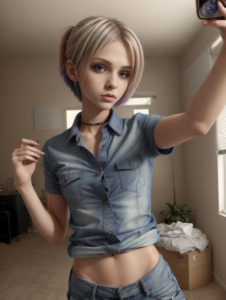 realistic, masterpiece, professional photo, f/1.8, 1woman, Teri, pretty face, skin detail, fully clothed, (shirt:1.2), shorts, looking at viewer, taking a selfie, bedroom, (SFW:1.3), <lora:MIOAG1ARS:1>