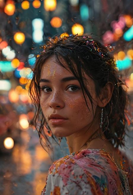 (extremely intricate:1.3), (realistic), photo of a beautiful 20 year old hispanic girl in a bustling metropolis, weaving through crowded streets and dark alleyways, close up, dimple, Detailed clothes, ((white skin:1.0)), light brown eyes, ((visible skin texture))flowing black hair, determined expression, shiny glossy skin, subsurface scattering, (sharp:0.7), [(colorful explosion psychedelic paint colors:1.21)::0.05], amazing fine detail, Nikon D850 film stock photograph Kodak Portra 400 camera f1.6 lens, rich colors, lifelike texture, dramatic lighting, urban environment, skyscrapers, neon signs, street vendors, dynamic composition, unreal engine, trending on ArtStation, cinestill 800 tungsten
, volumetrics dtx, (film grain, blurry background, blurry foreground, bokeh, depth of field, motion blur:1.3)<lora:more_details:0.6>