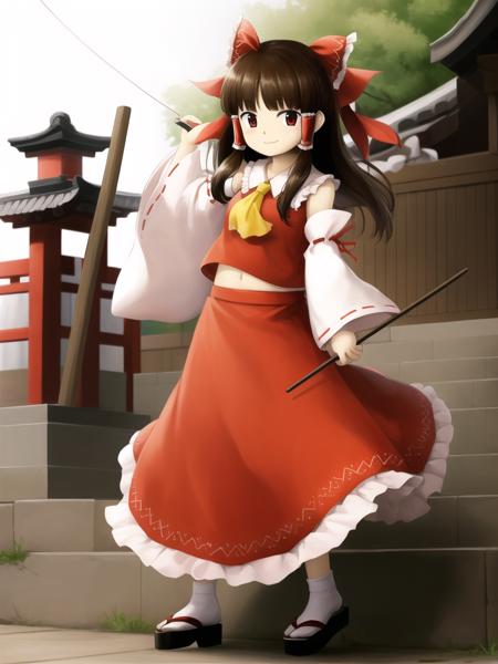 masterpiece, best quality, <lora:zun-v2a-10:0.925>,
cowboy shot, full body, standing, dynamic pose, light smile,
(solo), (1girl), hakurei reimu, (brown hair:1.1), long hair, (blunt bangs:1.2), hime cut, sidelocks, red eyes, medium breasts,
red dress, red hair tubes, nontraditional miko, detached sleeves, white sleeves, red shoes, red mary janes, gohei, (midriff:0.8),
japanese shrine, cherry blossoms,