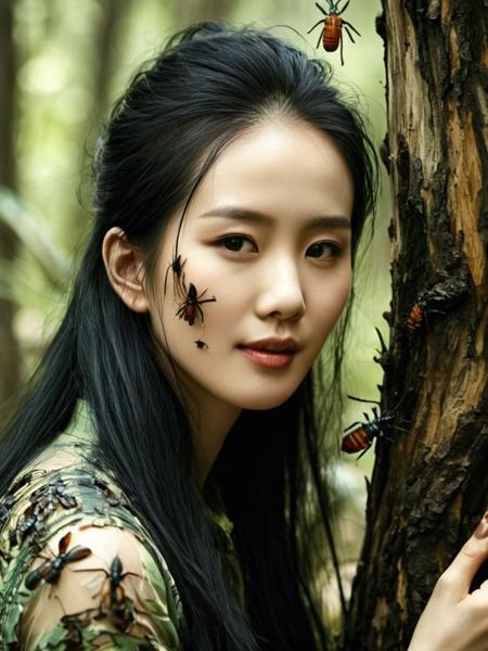 realistic, Skin Textures, High Resolution, liushishi woman,,stunning beautiful, <lora:liushishi_noej_JuggXL_2-000015:0.6>, as a actress, in A place infested with bugs and worms with decaying woods