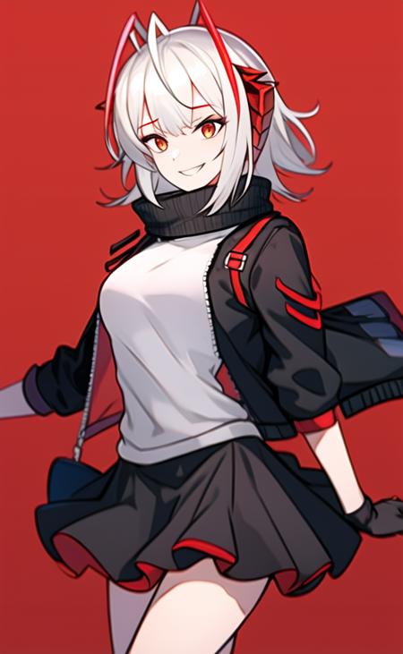 w (arknights), 1girl, ahoge, antennae, horns,  arm up, black gloves, black jacket, black skirt, fingerless gloves, gloves, grin, horns, jacket, medium hair, looking at viewer, medium breasts, miniskirt, open clothes, open jacket, red eyes, red background, red nails, shirt, short sleeves, simple background, skirt, smile, streaked hair, white hair, white shirt, <lora:W:1>