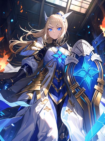 masterpiece,best quality,highres,cinematic lighting,dramatic angle,1girl,<lora:ShadowverseHolySaberV16-000029:0.8:lbw=jiangshi3>,alternative2, hair ornament,ponytail,ribbon,glowing,serious,shaded face,black armor,white and blue dress,holding blue sword,looking at viewer,dynamic angle,flames,depth of field,blue eyes,cowboy shot,holding shield,<lora:flat2:-0.25> ,from below,close-up,floating object