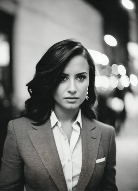 candid RAW close up portrait photo of sks woman in a (purple colored suit:1.0) on a dark street with shopping windows (at night:1.2), bokeh, Ilford Delta 3200 film, dof, high definition, detailed, intricate, flashlight, <lora:locon_demilovato_v1_from_v1_64_32:1.25>