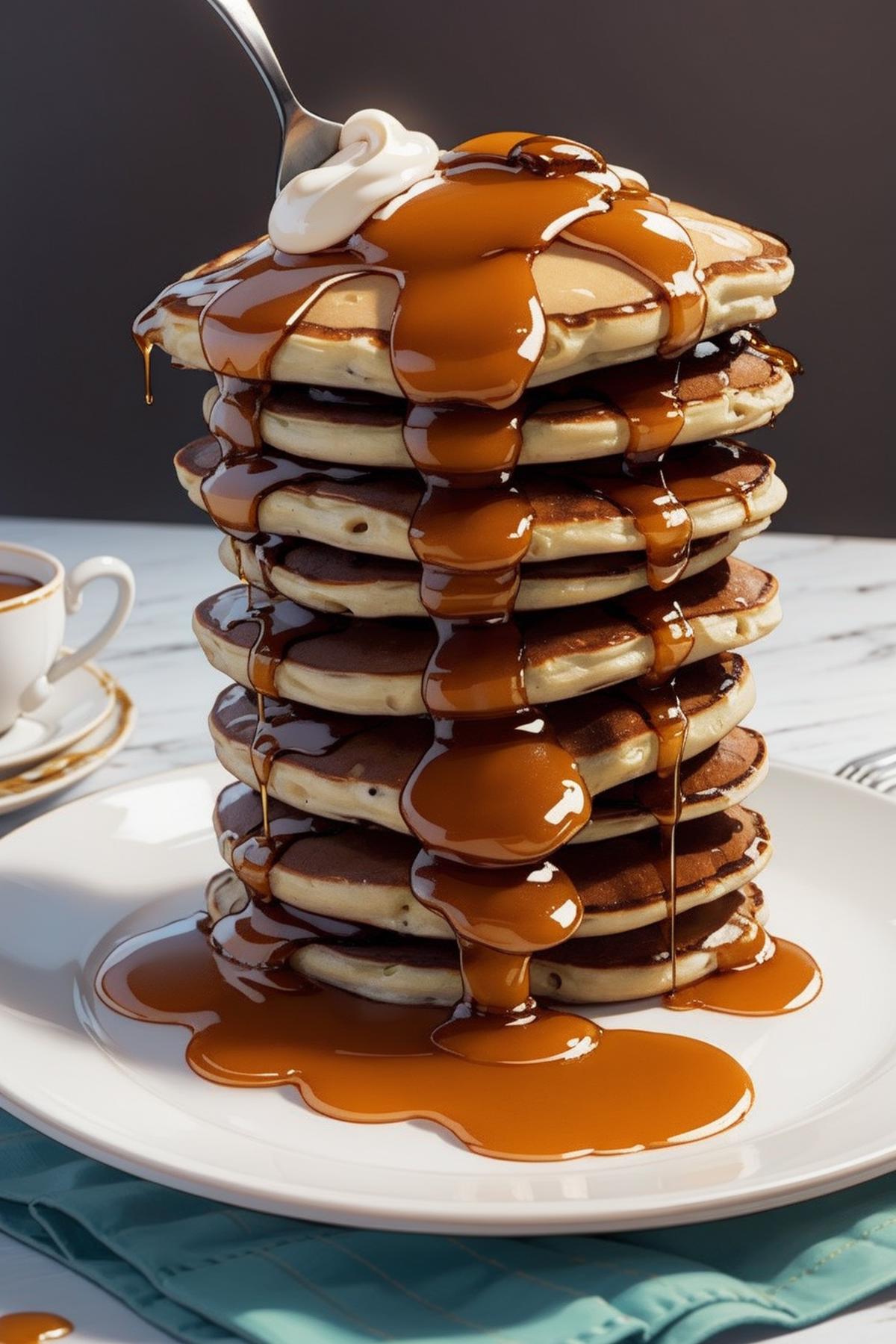 A tower of pancakes with syrup on a white plate.