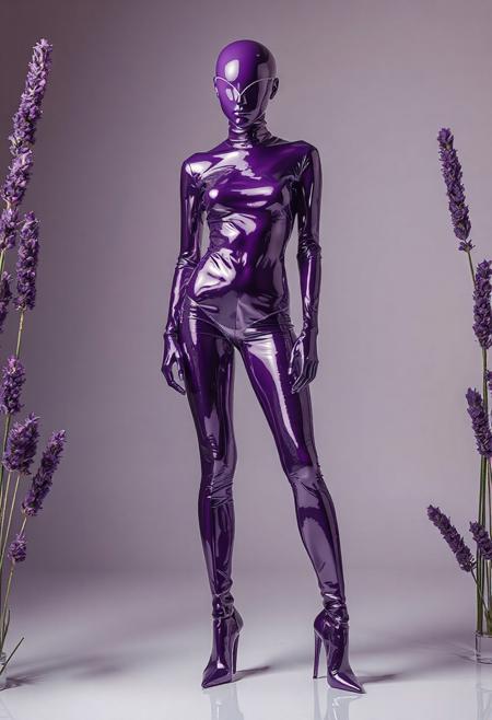 abstract model in latex shiny full body outfit  avant-garde style with lavender  bold Color Scheme