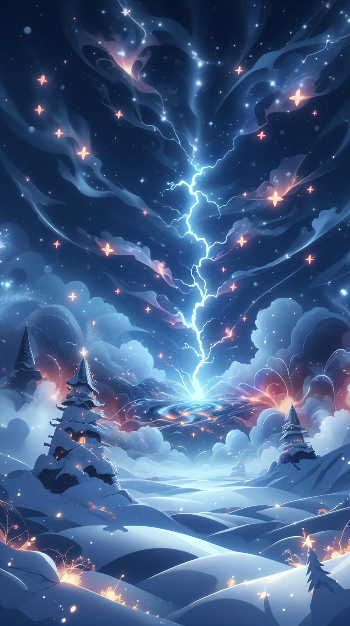 Colorful Christmas Lights in the Sky with Snow-Covered Trees