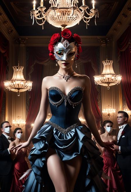 score_9, score_8_up, score_7_up, score_6_up, score_5_up, score_4_up, (absurdres, best quality, masterpiece:1.4), illustration, photorealistic, cinematic lighting, dynamic angle, perfect composition, mask, mysterious mask, elegant dress, ballroom, dim lighting, chandelier, graceful pose, feathers, red roses, dramatic lighting, refined