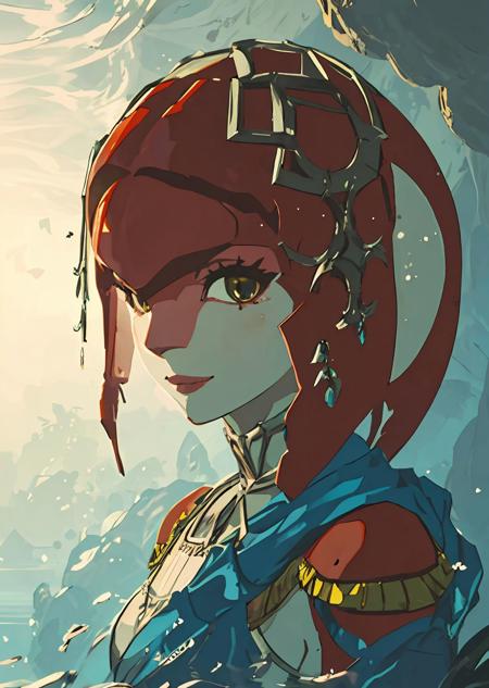 <lora:mika50+:1>,1girl,solo,mifa,looking at viewer,<lora:botw_style_offset:0.9>,Underwater,Swimming,Illumination,Smile,fluttering clothes,Portrait,