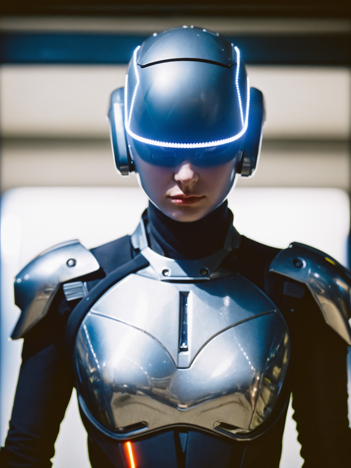 film grain analog photography,female cyborg portrait, futuristic robotic armor, science fiction, close -, head shoulders s...