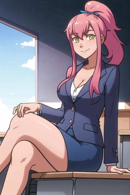 masterpiece, best quality,<lora:Sunny_of_Spades:0.7>,

Sunny of Spades, 1girl, solo, gentle smile, business suit, classroom , pink hair, (cleavage:1.5 ) , sitting on desk, crossed legs,