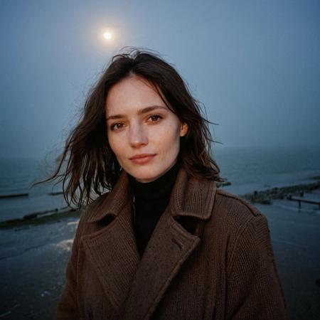 A beautiful 35mm photo of a 30 year old Dutch woman, polaroid photo style, ((turtleneck sweater)), ((leather trenchcoat)), ((full body:1.2)), polaroid film style, she has a comely face, shy smile, in love, pale skin, very dark eyes, chocolate brown hair, straight hair, 70's fringe, beautiful mouth, long face, narrow chin, freckles on nose, birthmarks on stomach, she is slim, natural tits, perfectly shaped tits, pubic hair, ultra realistic, extremely detailed, highly detailed eyes, realistic eyes, highly detailed skin, realistic skin, on the beach at the Dutch coastline, foggy 
cloudy, beautiful lighting, soft natural light, night, dark, moonlight, moon, starry night, perfect light, Rembrandt style light, 8k resolution, masterpiece, 35mm,Camera="Hasselblad X1D 50c", Lens="Hasselblad XCD 90 mm f/3.2 ", "Aperture-of=f/2.8", "ISO=100", film grain, (ultra high res:1.2),(photo-realistic:1.3) (skin pores:1.1)