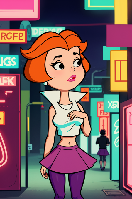 masterpiece, best quality, 1girl, jane, orange hair, short hair, black eyes, makeup, lipstick, earrings, yellow crop top, navel, purple skirt, pink leggings, black hair ribbon, cyberpunk city, neon light, cyberpunk background  <lora:JaneJetson:1>