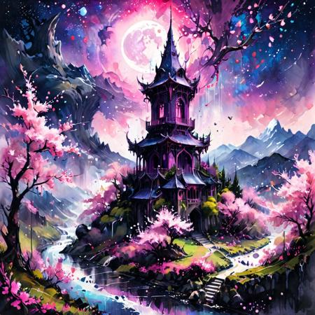 Image is a digital fantasy, ink splashing, artwork featuring a tall, intricate tower set against a vibrant, purple-hued landscape. The tower is centrally positioned, with a gothic architectural style, characterized by pointed arches and ornate detailing. Surrounding the tower is a vast expanse of lush, pink cherry blossom trees, creating a sea of blossoms that extends to the horizon. A river meanders through trees. The background is dominated by jagged, dark mountains under a starry night sky, with a crescent moon adding to the ethereal atmosphere.