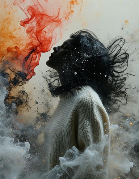 windswept brunette, alabaster skin, fractured by crystalline sugar highlights, swirling inky chaos, yellow wool jumper against liquid gloss.
Impasto oil textures; molten sugar crystallizes on her collarbone. mist clings to her silhouette, dissolving into fractal patterns.
Suspended ink droplets — crushed lavender-red streaks.
Bruise-toned gradients clash with ethereal pastels, depth amplified by anamorphic lens distortion. volatile metamorphosis.
