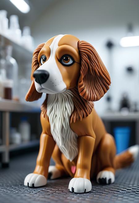 <lora:novuschroma53 style:1> novuschroma53 style, intricate details, depth of field, Nina Tucker Chimera, made of plastic, a tragic dog, long snout, sorrowful expression, looking down, soft tan fur, (brown human-like long hair) on head, large sorrowful (white eyes with no pupils), floppy ears, sitting in a dimly lit laboratory, eerie atmosphere, cinematic lighting.