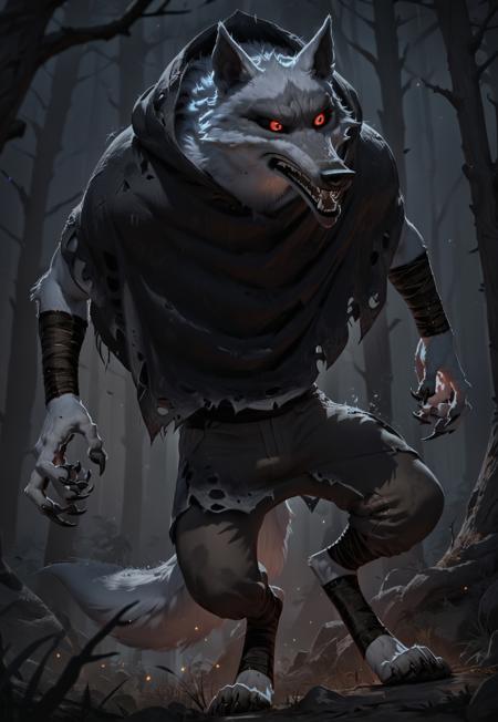 Deathwolf, Wolf, Black Sclera, Red Eyes, Black Hooded Cloak, Brown Pants, Arm Bandages, Leg Bandages, White Fur