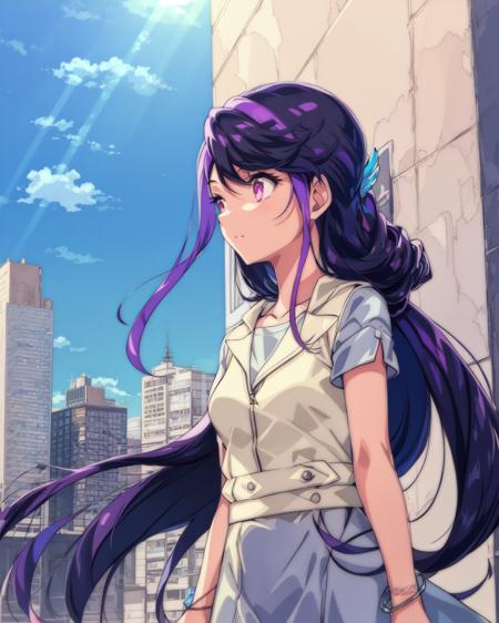 1girl, ruri, purple hair, pink eyes, bracelet, long hair, 
looking away, 
outdoors, city, urban, downtown, sun rays, cloud, 

<lora:Ruri v2 e6:0.85>