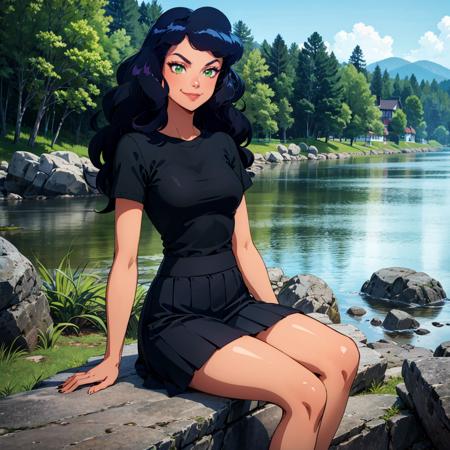 1girl, solo,  Caitlin, long hair, black hair, green eyes, caramel skin, makeup, lipstick, retro artstyle, smile, smirk,